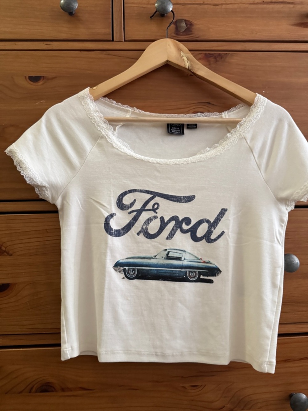 Ford White Tee with Blue Vintage Car Graphic and Lace Trim